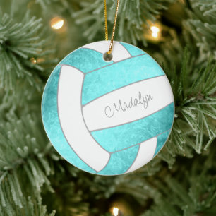 bright turquoise custom name keepsake volleyball ceramic tree decoration