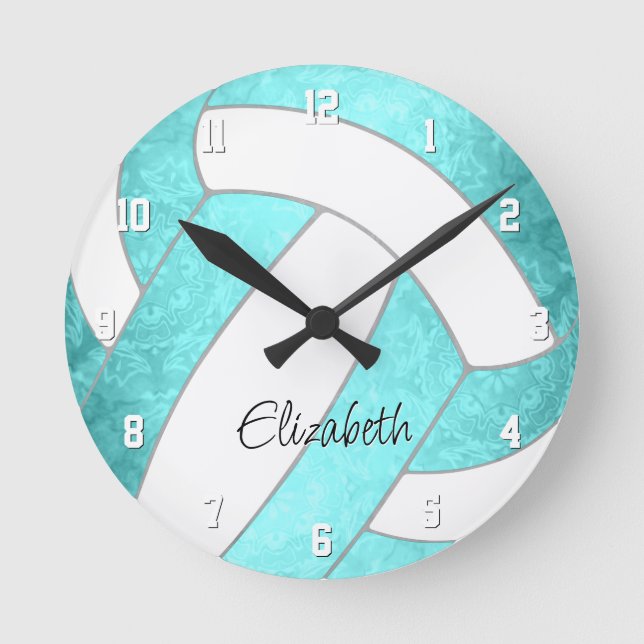 bright turquoise custom sports room volleyball round clock (Front)