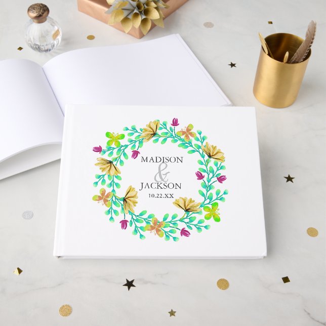 Bright Turquoise Floral Wreath Botanical Wedding Guest Book (Front Open)