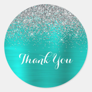 Bright Turquoise Foil Silver Glitter Thank You Classic Round Sticker