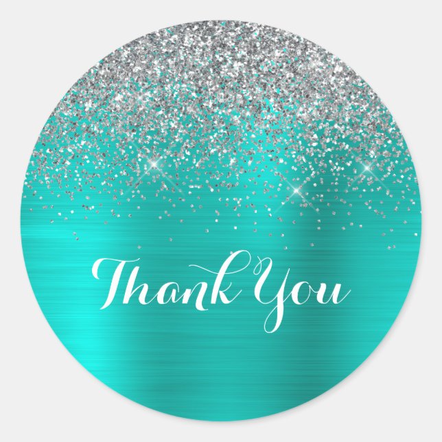 Bright Turquoise Foil Silver Glitter Thank You Classic Round Sticker (Front)