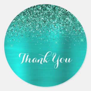 Bright Turquoise Foil Teal Glitter Thank You Classic Round Sticker