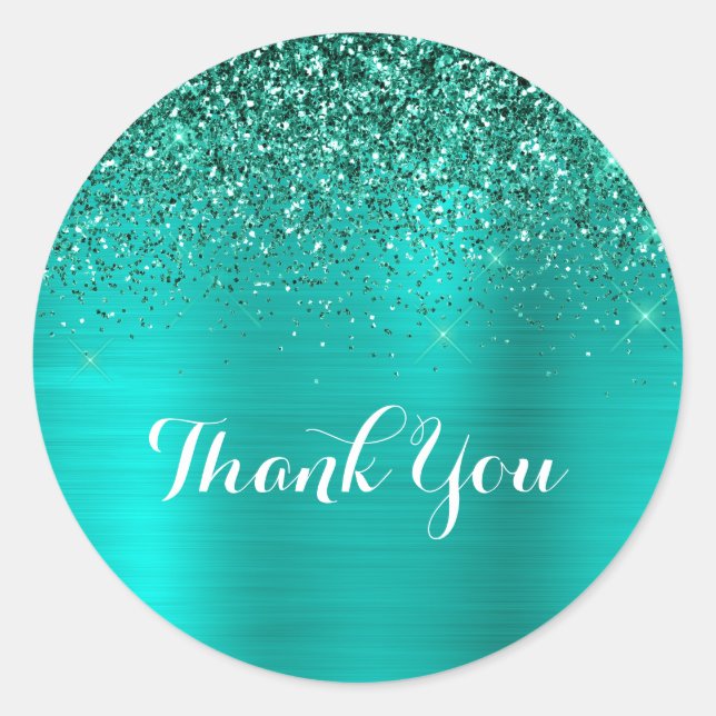 Bright Turquoise Foil Teal Glitter Thank You Classic Round Sticker (Front)