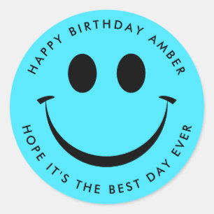 Bright Turquoise Happy Face Birthday Fun Classic Round Sticker