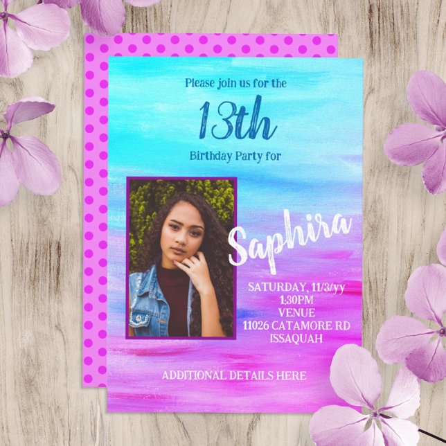 Bright Turquoise Hot Pink Birthday Invitation (hot pink magenta, turquoise young woman, teen birthday party invite, 13th birthday, photo card)