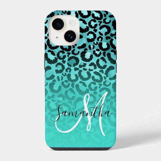 Bright Turquoise Leopard Ombre Monogram iPhone Case (Back)