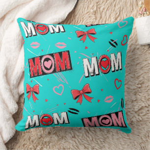 Bright Turquoise MOM Hearts Bows Pop Pattern Cushion