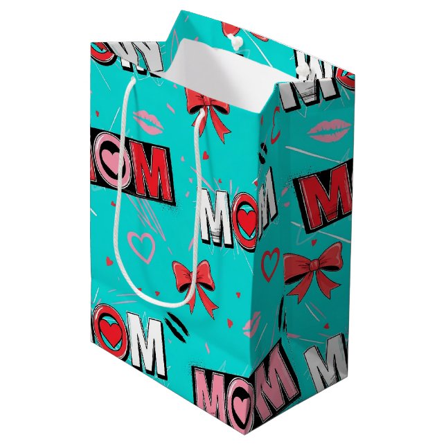 Bright Turquoise MOM Hearts Bows Pop Pattern Medium Gift Bag (Front Angled)