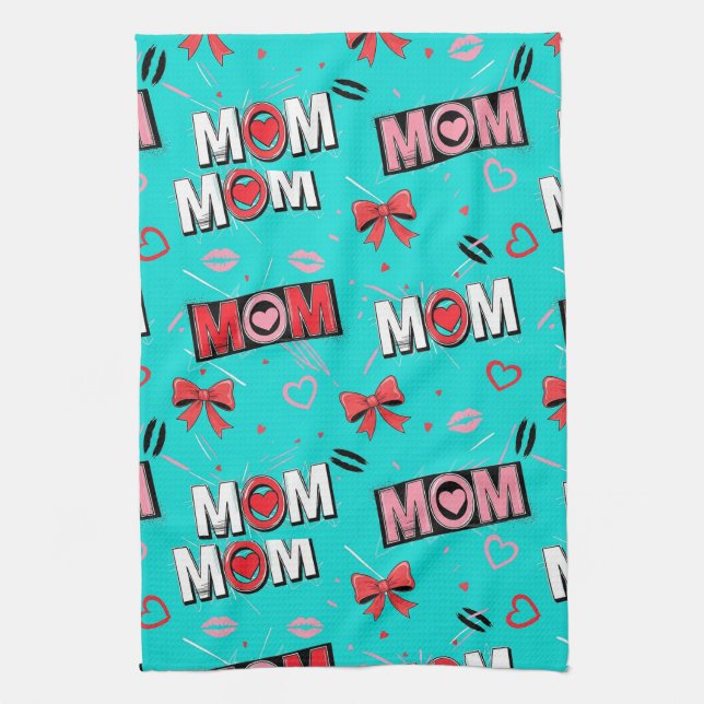 Bright Turquoise MOM Hearts Bows Pop Pattern Tea Towel (Vertical)