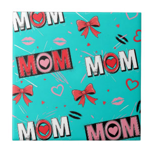 Bright Turquoise MOM Hearts Bows Pop Pattern Tile