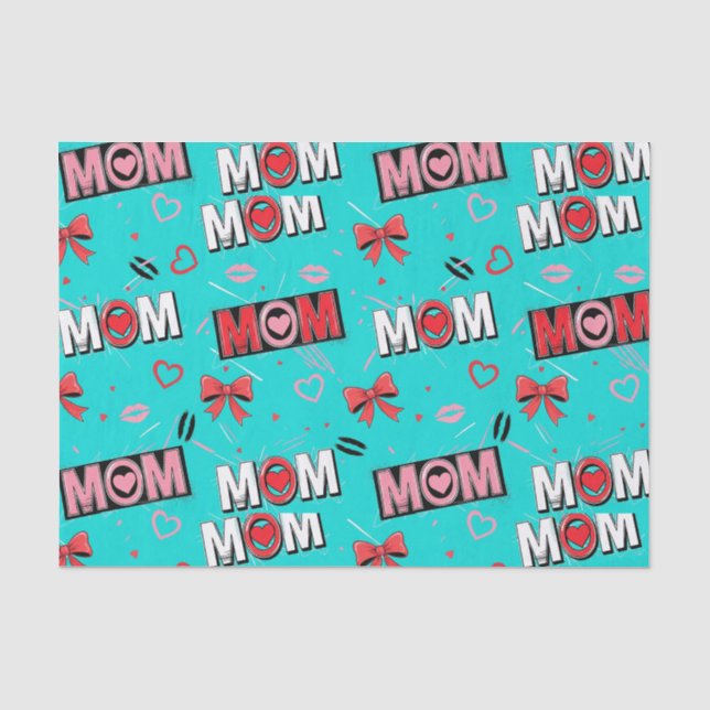 Bright Turquoise MOM Hearts Bows Pop Pattern Tissue Paper (Front)