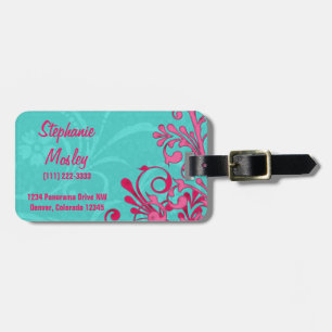 Bright Turquoise Pink Abstract Floral Personalised Luggage Tag