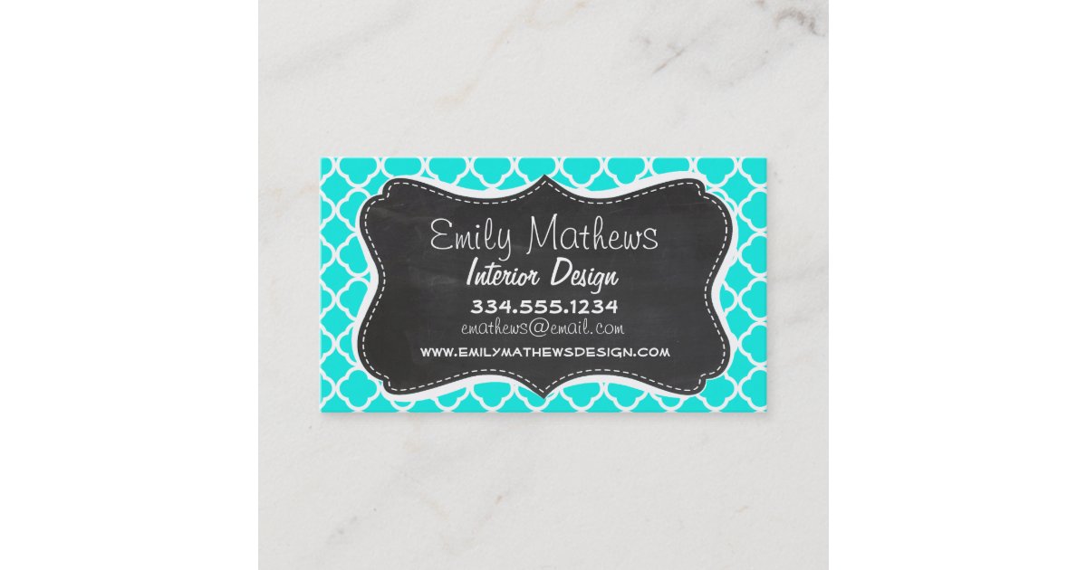 Bright Turquoise Quatrefoil; Chalkboard look Business Card Zazzle