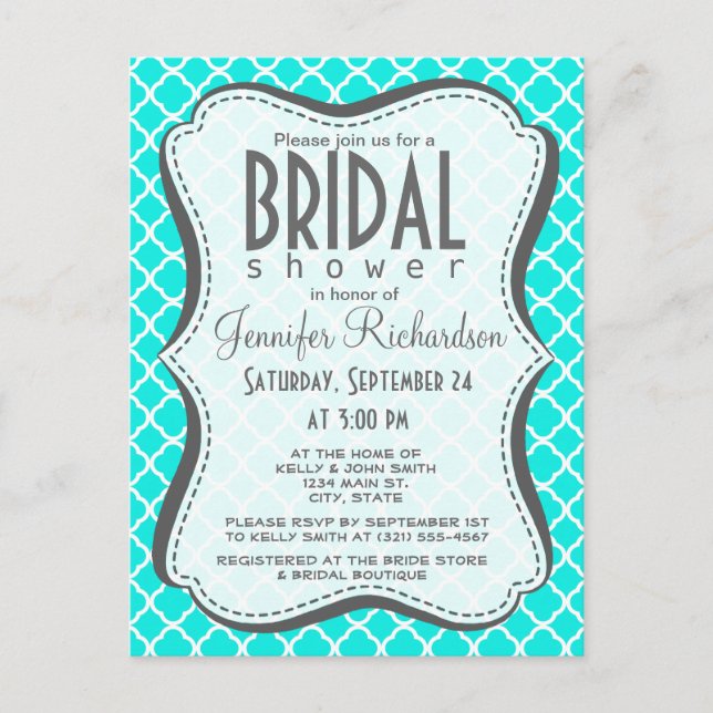 Bright Turquoise Quatrefoil Invitation Postcard (Front)