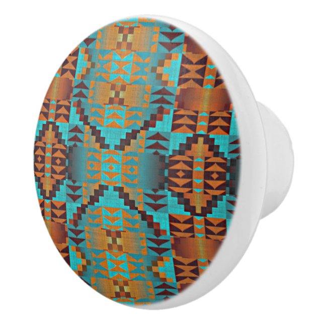 Bright Turquoise Teal Aqua Blue Orange Tribal Art Ceramic Knob (Right)