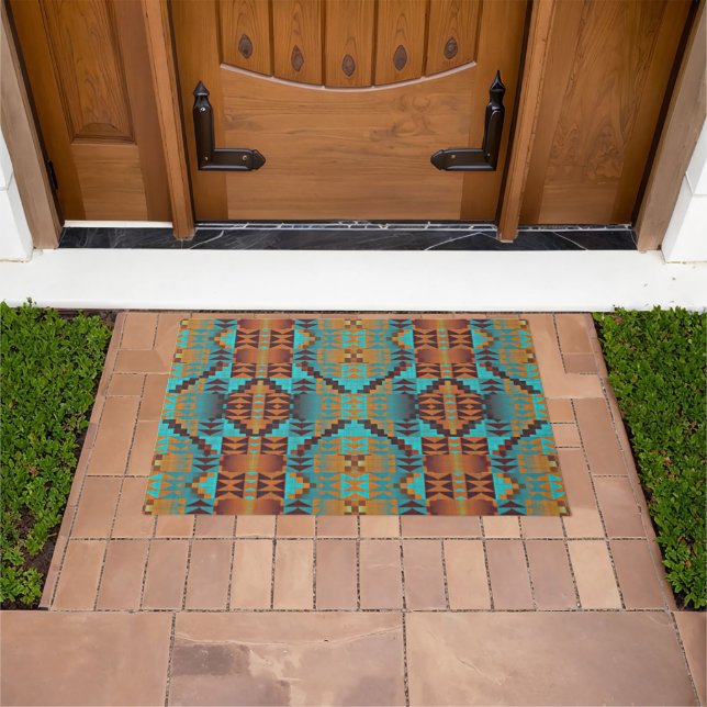 Bright Turquoise Teal Aqua Blue Orange Tribal Art Doormat (Outdoor)