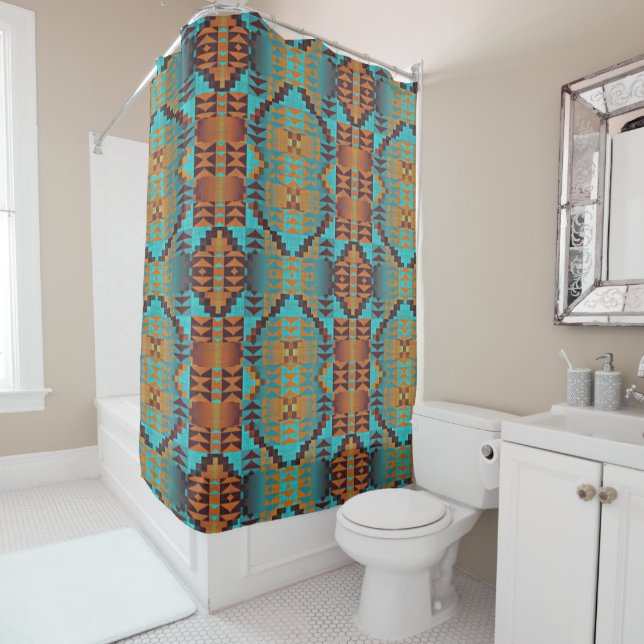 Bright Turquoise Teal Aqua Blue Orange Tribal Art Shower Curtain (In Situ)