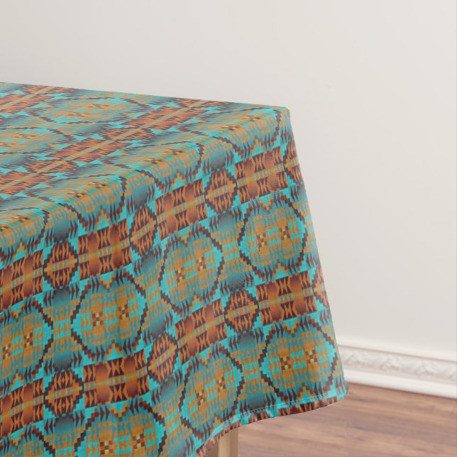 Bright Turquoise Teal Aqua Blue Orange Tribal Art Tablecloth (In Situ)