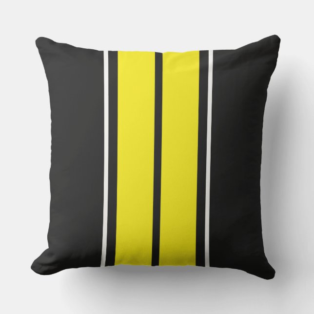 Bright Twin Yellow White Racing Stripes On Black Cushion (Front)