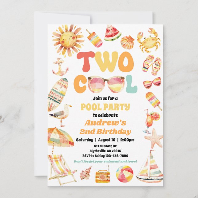 Bright Two Cool Birthday Pool Party Invitation (Front)
