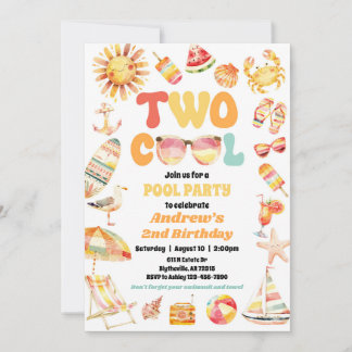 Bright Two Cool Birthday Pool Party Invitation