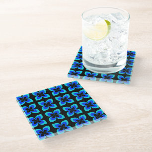 Bright Two Toned Blue Flower Pattern Glass Coaster