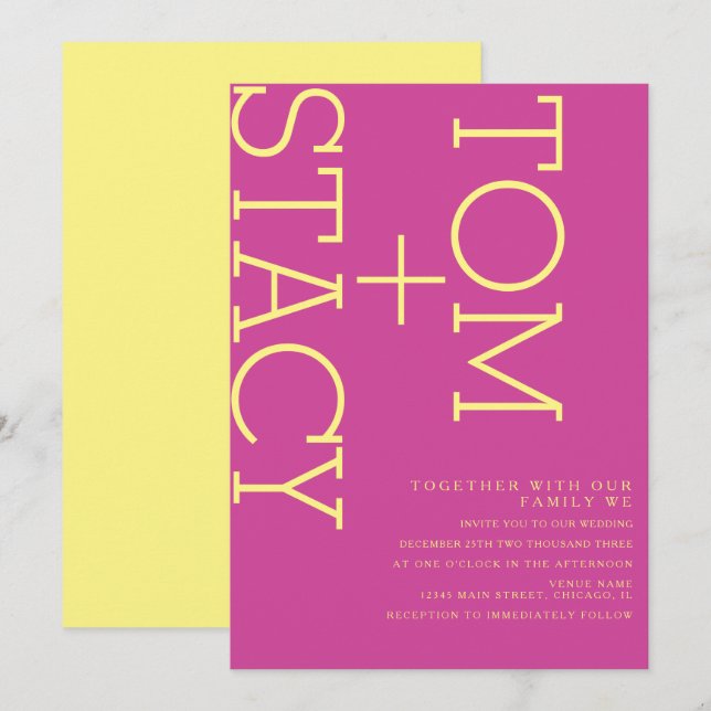 Bright Typography Xtra Bold Pink Yellow Wedding  Invitation (Front/Back)