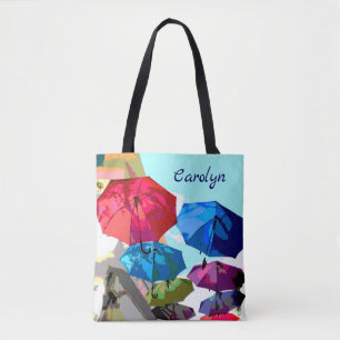 Bright umbrellas over the street, your name tote bag