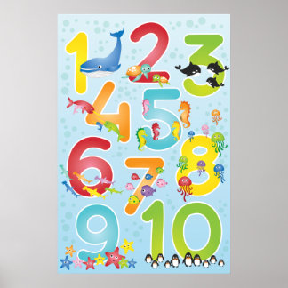 Bright Under the Sea Animals Number Poster