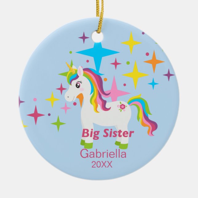 Bright Unicorn Rainbow Big Sister Ornament (Front)