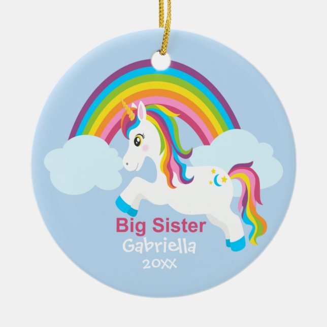 Bright Unicorn Rainbow Big Sister Ornament (Front)