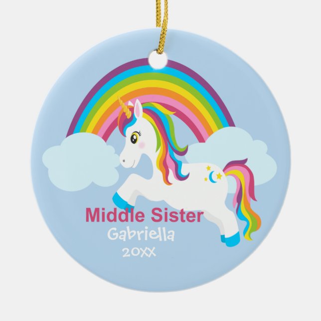 Bright Unicorn Rainbow Middle Sister Ornament (Front)