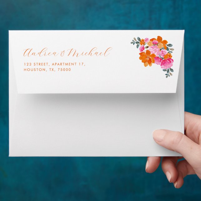 Bright Vibrant Garden Pink & Orange Floral Wedding Envelope (Hand)