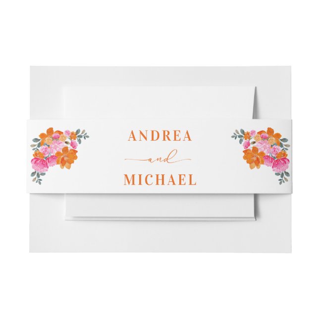 Bright Vibrant Pink & Orange Floral Summer Wedding Invitation Belly Band (Front Example)