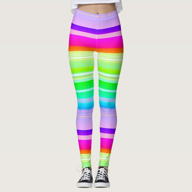 Bright vibrant rainbow multicolor striped leggings (Front)