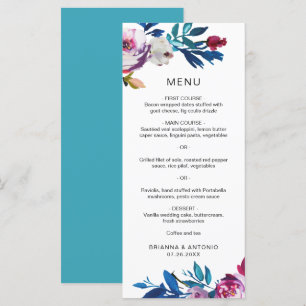 Bright Vibrant Teal Pink Floral Modern Wedding Menu