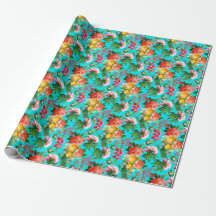 BRIGHT VINTAGE FLORAL BLOOMS ON AQUA
