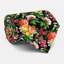 BRIGHT VINTAGE FLORAL BLOOMS ON BLACK MEN'S TIE