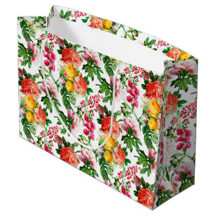 BRIGHT VINTAGE FLORAL BLOOMS ON WHITE LARGE GIFT BAG