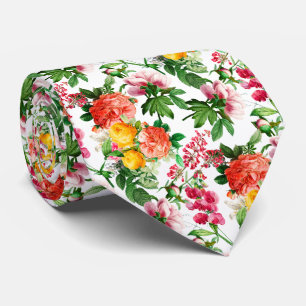 BRIGHT VINTAGE FLORAL BLOOMS ON WHITE MEN'S TIE