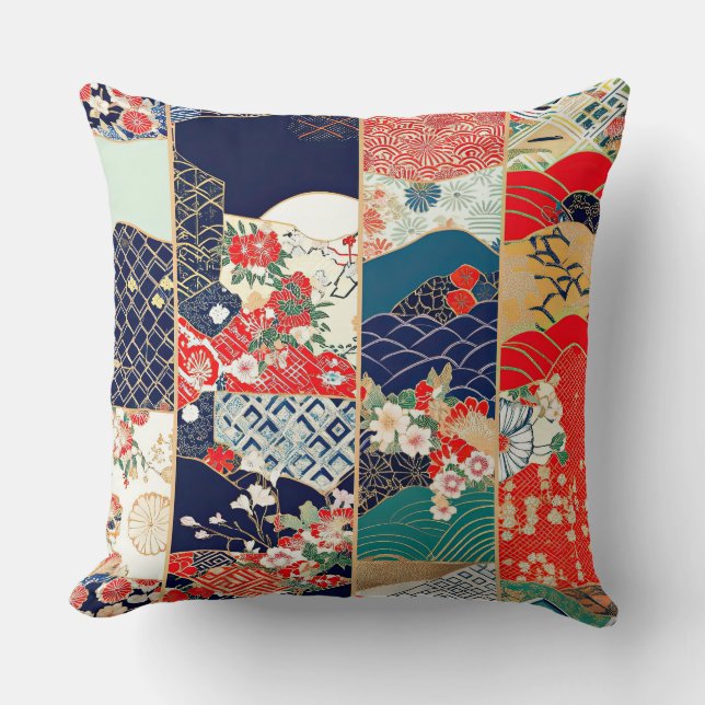Bright Vintage Japanese Kimono Patchwork Cushion (Front)