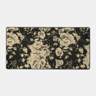 Bright vintage oil flowers on black desk mat