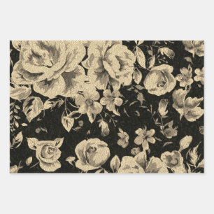 Bright vintage oil flowers on black   wrapping paper sheet