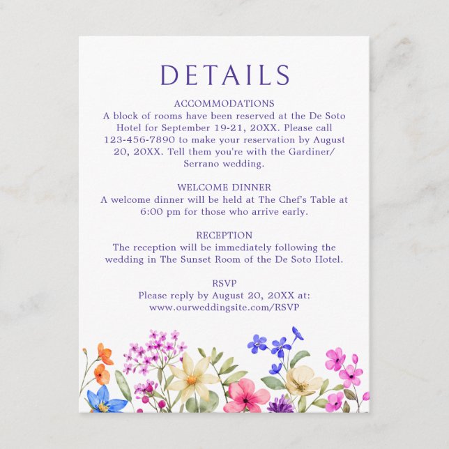 Bright Vivid Colour Wildflower Wedding Details Enclosure Card (Front)