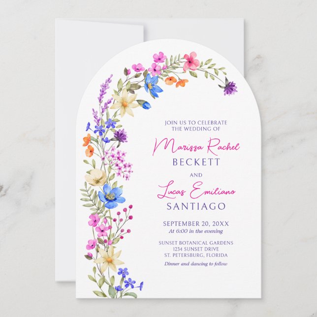 Bright Vivid Colours Wildflower Arch Wedding Invitation (Front)