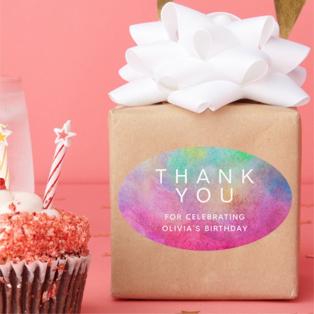 Bright Watercolor Birthday Thank You Oval Sticker (Party)