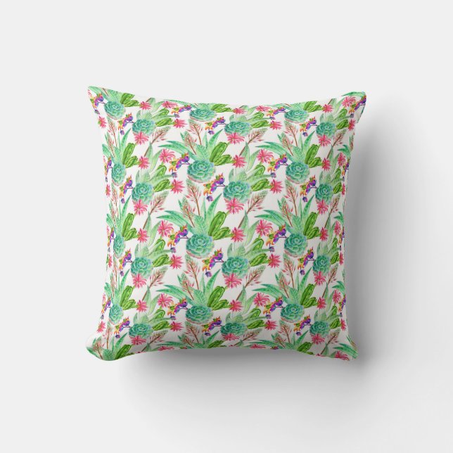 Bright Watercolor Cactus & Succulent Pattern Cushion (Front)