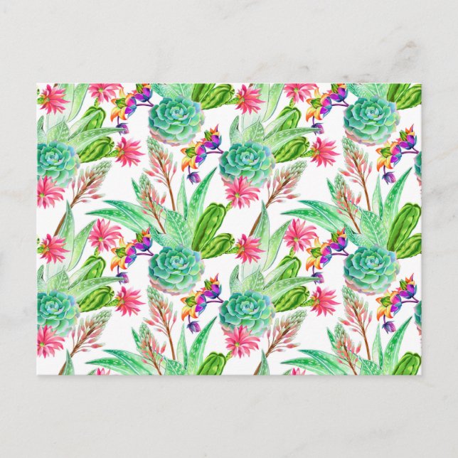 Bright Watercolor Cactus & Succulent Pattern Postcard (Front)