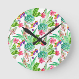 Bright Watercolor Cactus & Succulent Pattern Round Clock