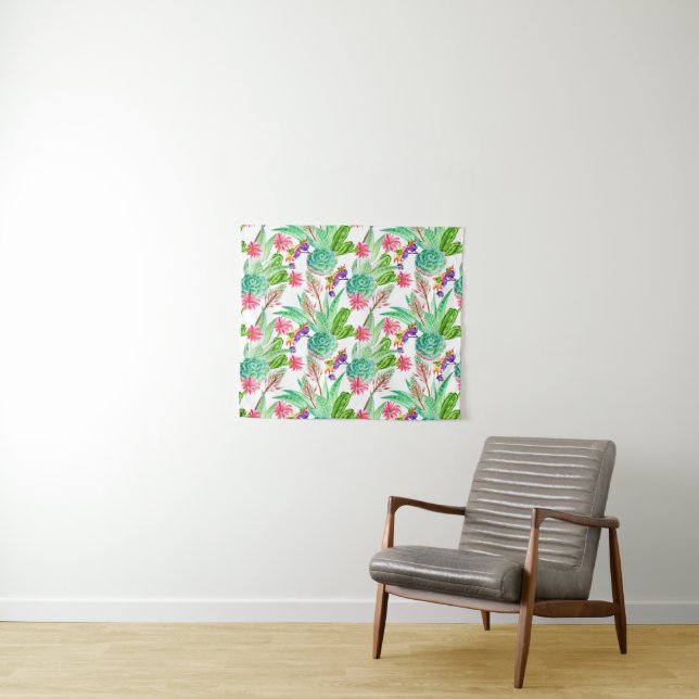 Bright Watercolor Cactus & Succulent Pattern Tapestry (In Situ (Horizontal))